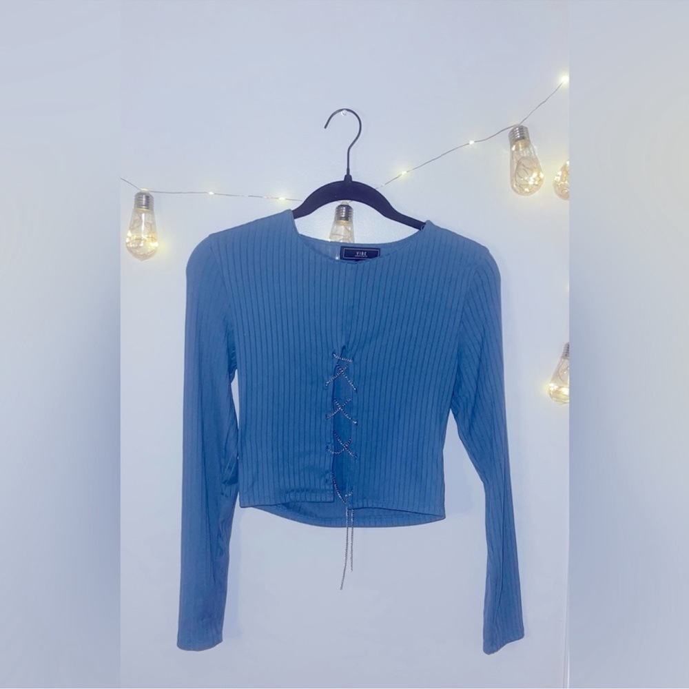 Vibe Blue Long Sleeve Crop Blouse with Chain Accent